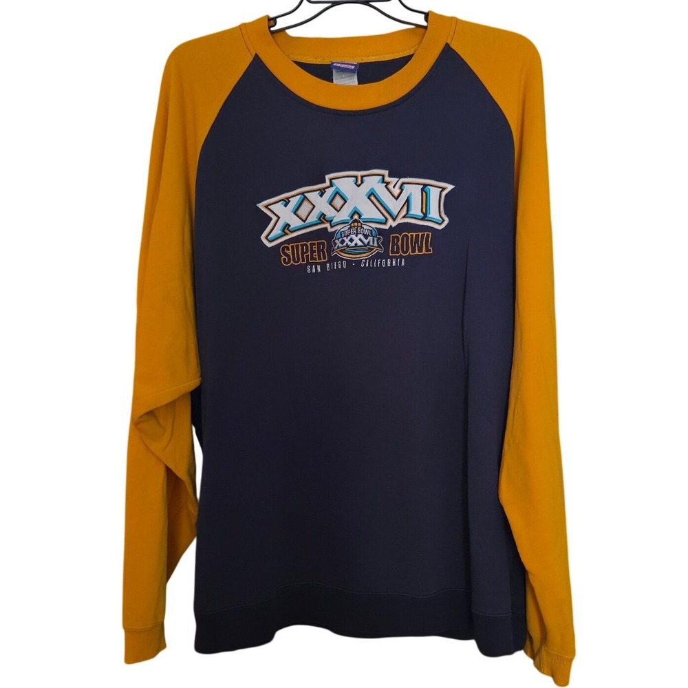 Reebok NFL Super Bowl XXXVII San Diego Sweatshirt Mens 2XL Navy Gold Raglan Vtg